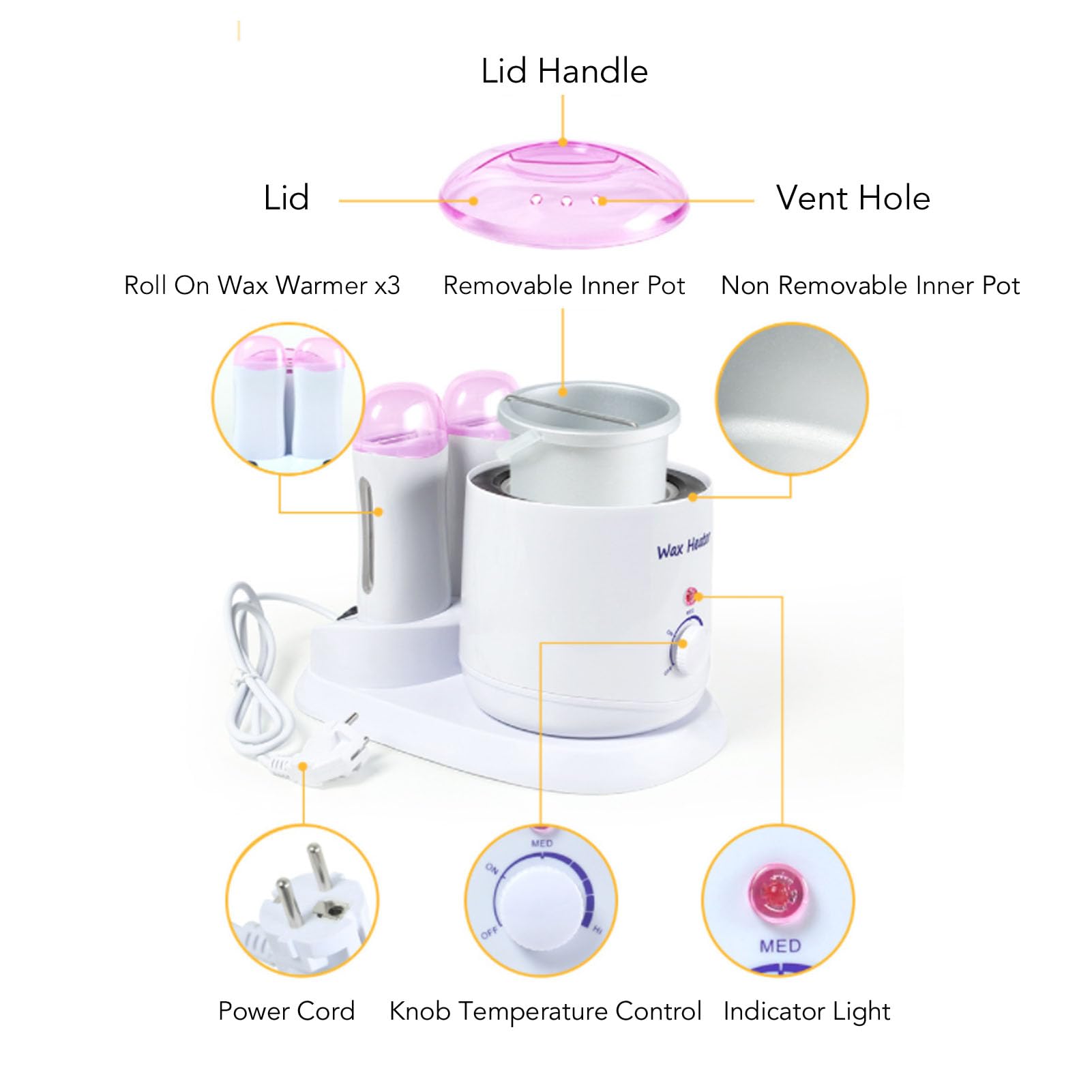 Chauffe-cire 4 en 1 – Chauffe-cire roll-on 220 W, conception anti-brûlure avec 3 cartouches, idéal pour un usage domestique – Couvercle transparent pour une surveillance facile