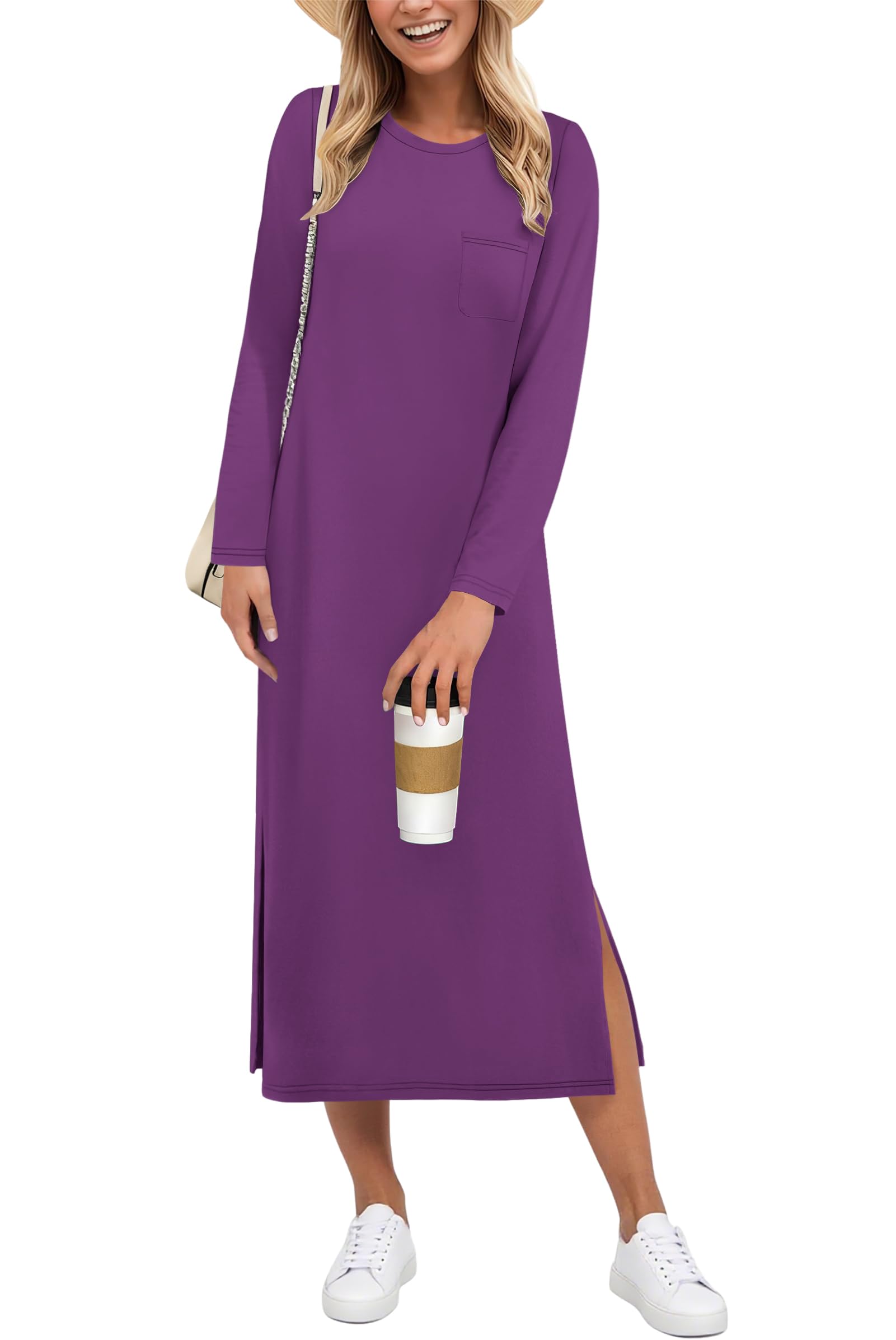 Auselily Women's Purple Winter Dresses For Uk Maxi Split Loose Long Sleeve Dress Casual Dresses Xl