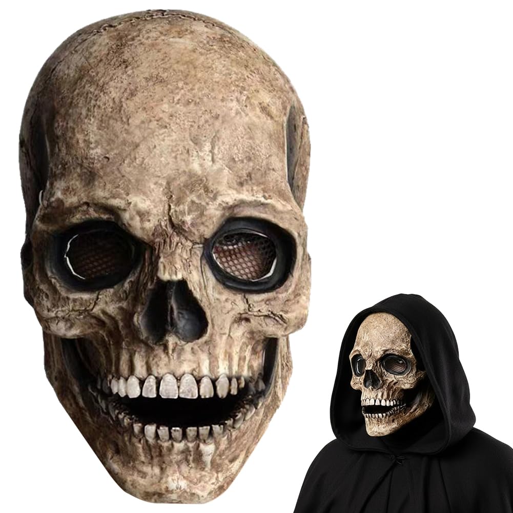 Dlishka Halloween De MáScaras Hombres Aterradoras,MáScara Completa De CráNeo Con MandíBula MóVil,Casco Realista De LáTex Para Adultos,Cabeza De Esqueleto Espeluznante.