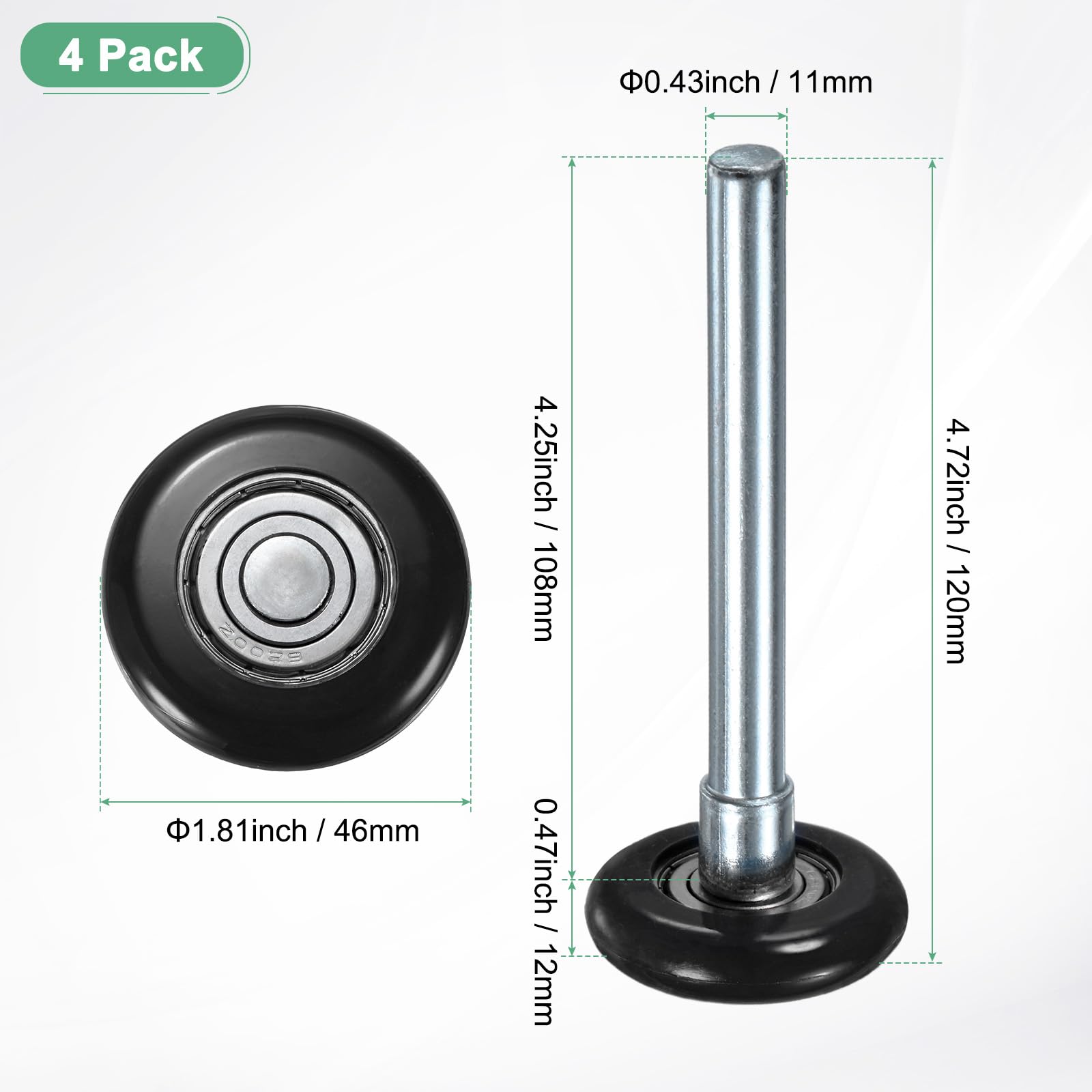 M METERXITY 4 Roulettes De Porte De Garage En Nylon, 1.8"/ 46mm Roues Silencieuses Pour Porte De Garage 4.72"/ 120mm Tige, Haute Charge 6200zz 8 Billes Roulement De Precision Scelle [Noir]