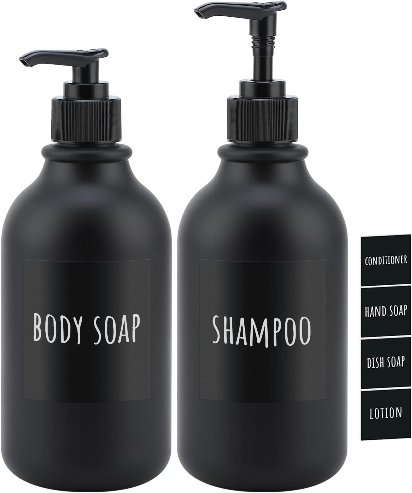 Segbeauty Matte Black Shampoo Dispenser, 2pcs 16.9oz Empty Refillable Pump Bottle with Labels, 500ml Plastic Press Lotion Dispenser Bathroom Shower Containers for Conditioner Hand Wash Gel Dish Soap