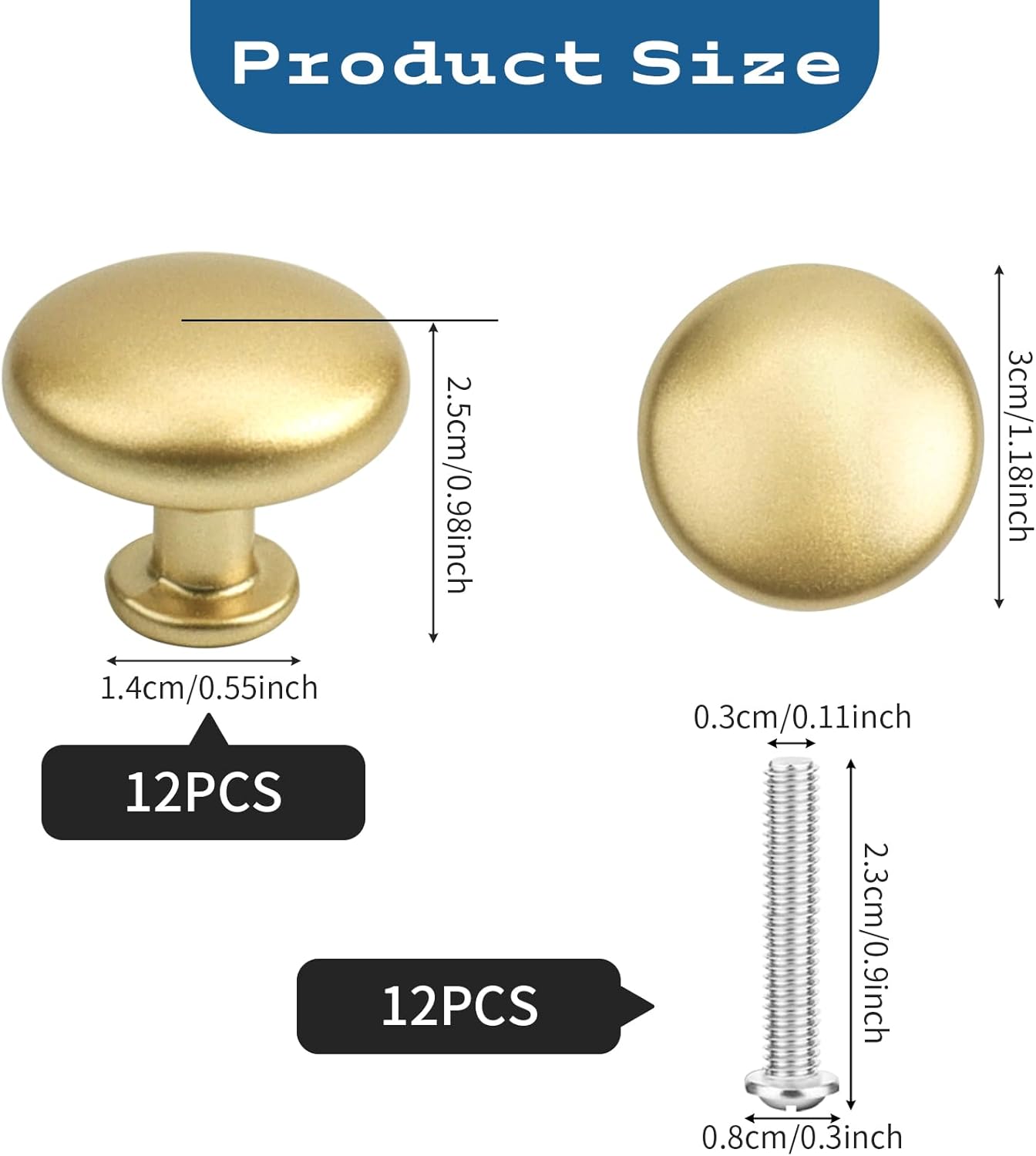 12Pack Cupboard Knobs Black Door Knobs Black Cabinet Knobs Kitchen Door Knobs Round Draw Knobs Cupboard Door Handles (Round Shape, Gold)