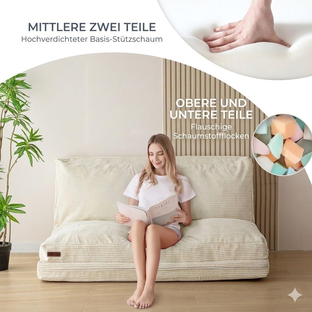 MAXYOYO Sitzsack-Bett, faltbar, Cord-Schlafsofa, Bodenmatratze für Erwachsene, extra dick, 4-Fach gefaltet, Bodencouch für Schlafzimmer, Wohnzimmer, Beige, 135 x 240 cm