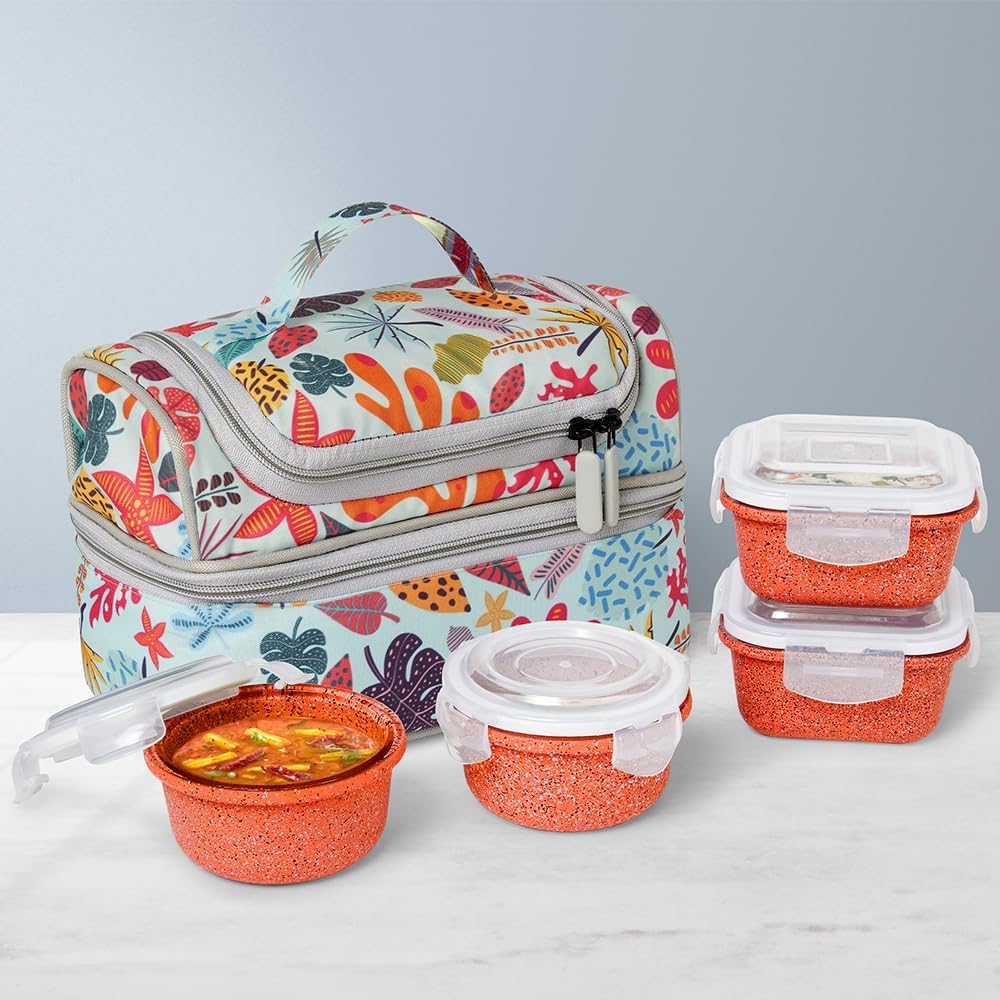 Borosil Bloom Pink Universal Glass Lunchbox, 320ml x 2 + 240ml x 2