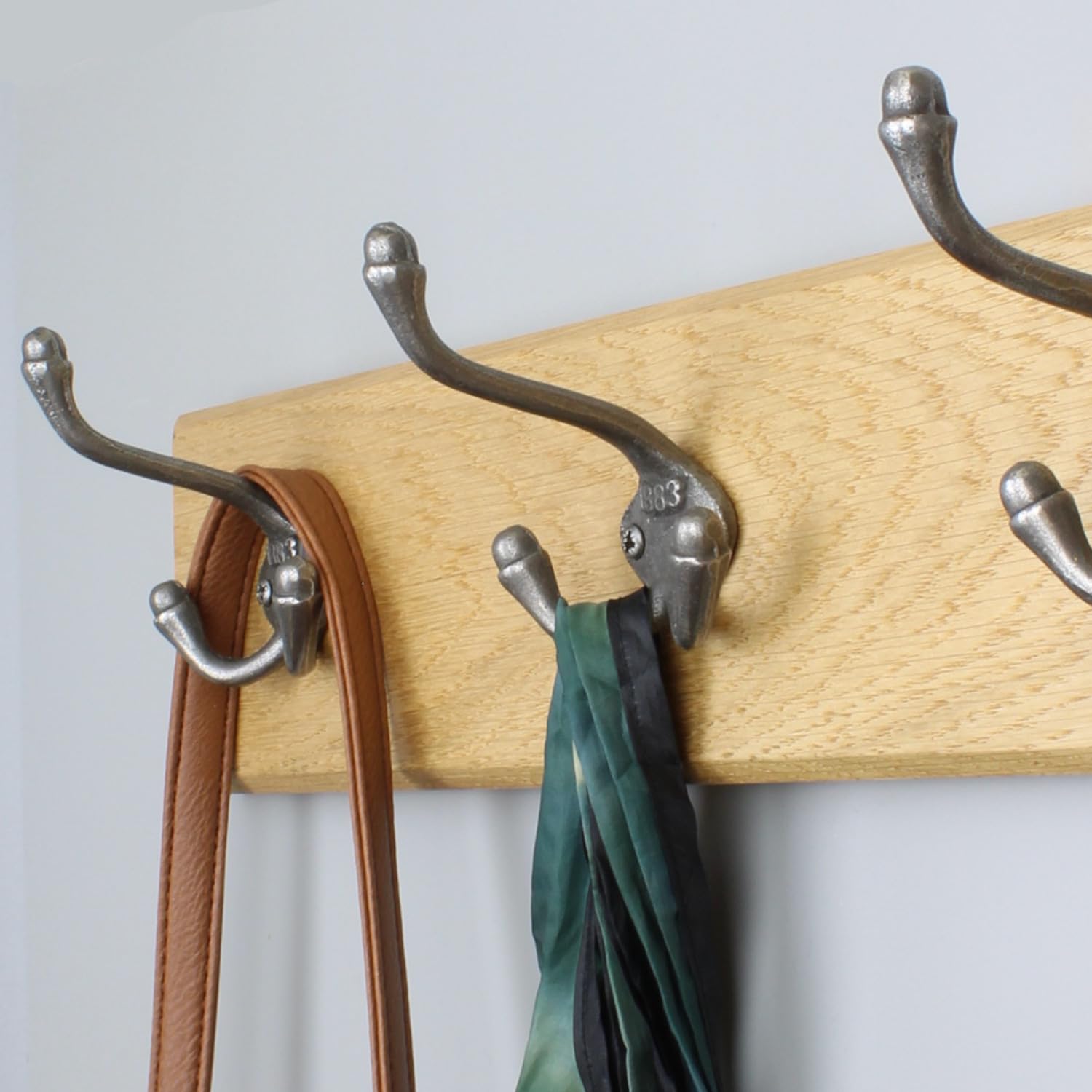 Handcrafted Solid Oak Coat Rack with Cast Iron 1883 Triple Hooks 750mm - 5 Hooks