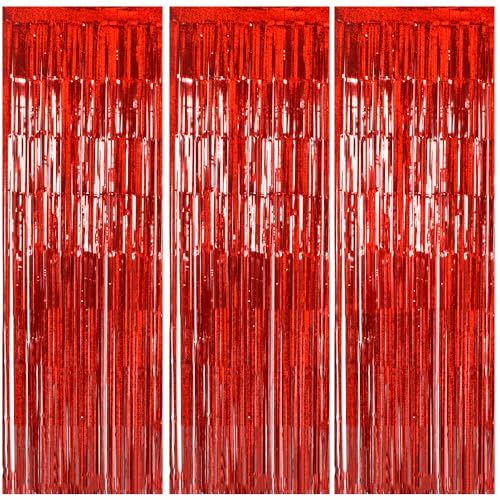 Image of TONIFUL 3Pcs Laser Red Door Streamers,Laser Red Photo Booth Backdrop Metallic Streamers Foil Fringe Curtains for Birthday,Christmas,New Year,Bachelorette,Grad Party Streamers Decor(9.9ft x 6.6ft)