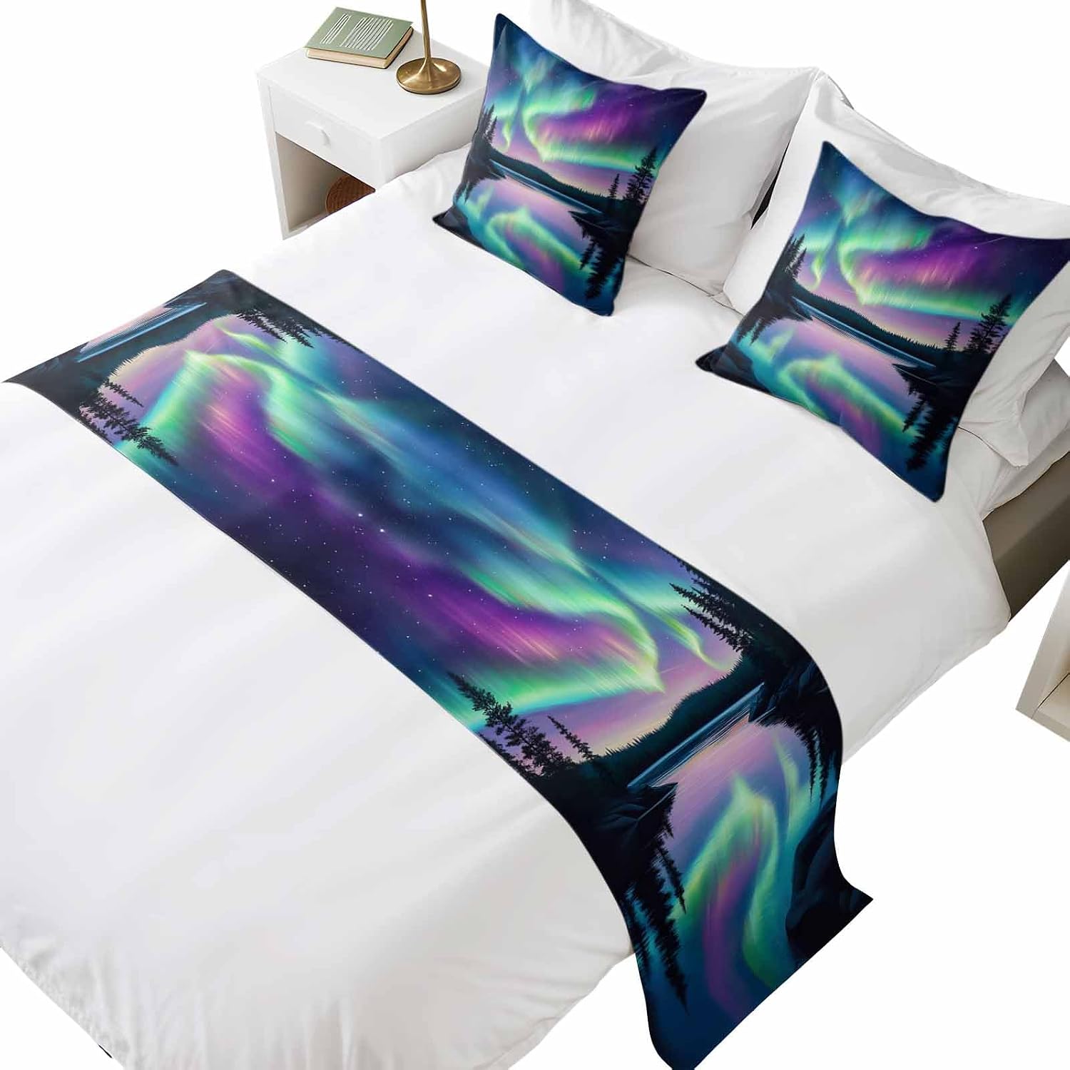 Colorful Aurora Beds Runner and 2 Matching Pillow Covers Starry Sky Lake Nature Forest Modern Art Bed Runner Set, Throw Cushion Cover Bedding Scarves for Guesthouse, Hotel, Home Decor 83 x 20 inch