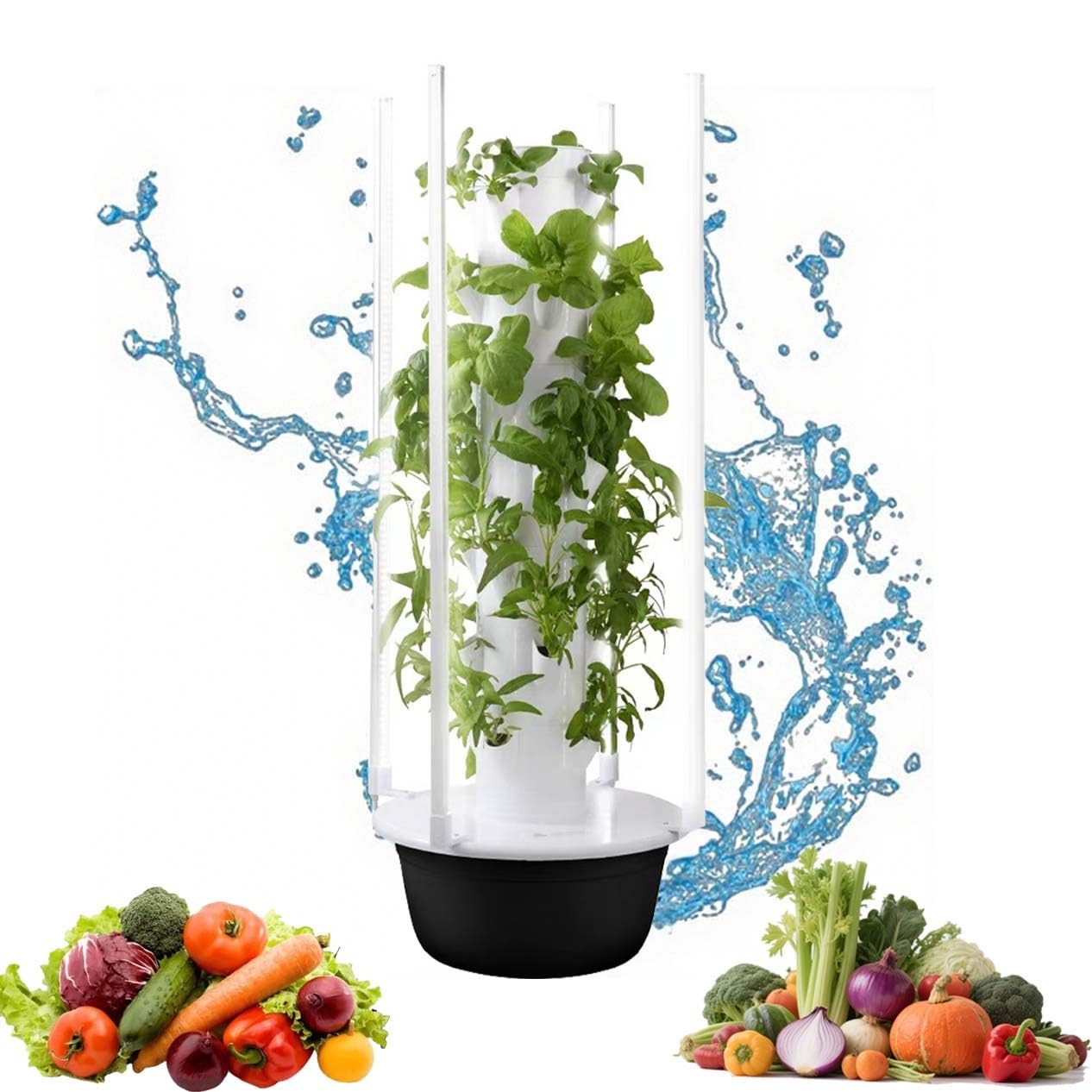 Torre hidropónica con 9 pisos, sis-tema de cultivo interior inteligente con tanque 30L, bomba de agua y luces LED, cultivo sin suelo limpio para hierbas, fresas y vegetales(28Holes+LED)