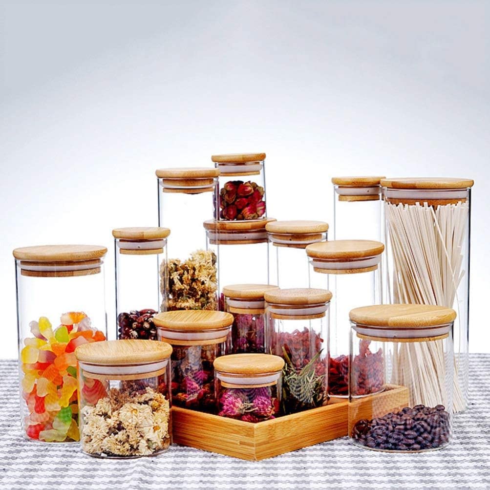 Frasco de vidrio con tapa hermética de bambú Frasco de vidrio de borosilicato transparente Recipiente perfecto para la organización de la cocina Mantiene la comida seca y fresca (550 ml)