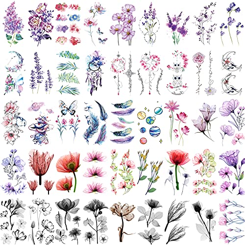 Glaryyears X-Ray Flower Temporary Tattoos For Women, 45 Pack Small Realistic Fake Tattoo Stickers, Long Lasting Watercolor Floral Feather Design Collection, Sexy For Girls On Face Body Hand Arm #TOP16