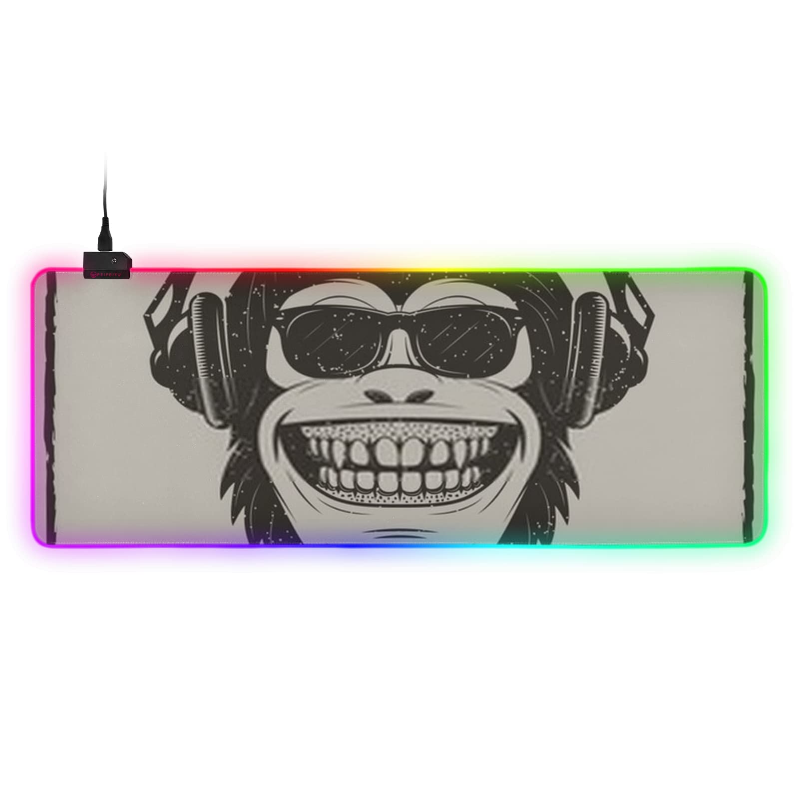 Large RGB Gaming Mouse Pad Funny Monkey Sunglasses Listening Music Vector Glowing Extended Mousepad 35 4x15 7in Soft