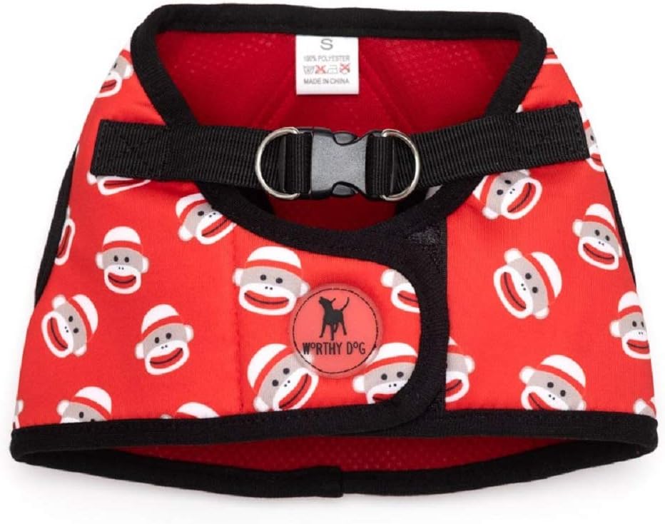 The Worthy Dog Sock Monkey Sidekick Harness Vest, with Comfy Padded Mesh Velcro Adjustable, Outdoor, Easy Walk Vest, Fits XXS Size Dogs, Red