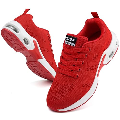 Womens Trainers Running Shoes Air Cushion Arch Support Sneakers Platform Trainers Ladies Walking Shoes Mesh Breathable Lightweight Sport Sneakers Outdoor Gym Athletic Tennis Jogging Red