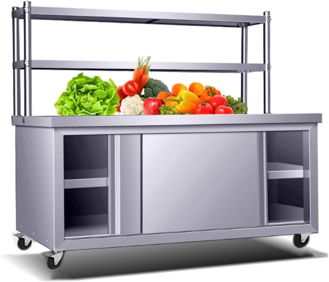 Stainless Steel Commercial Kitchen Prep Table with 2 Sliding Doors, Heavy Duty Workbench, Large Storage Cabinet, Ideal for Restaurant, Home & Hotel Use