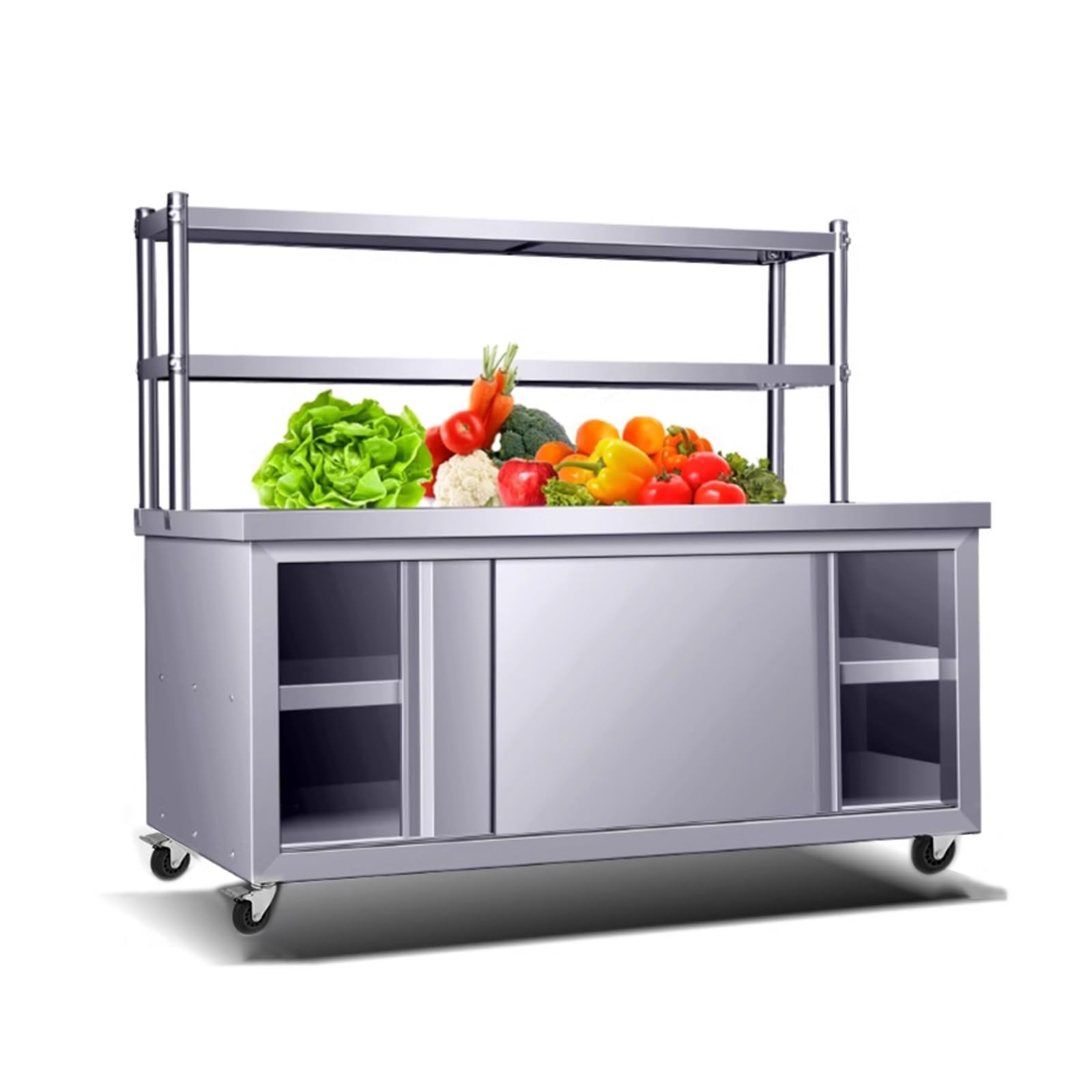 Stół roboczy ze stali nierdzewnej z 2 drzwiami przesuwnymi, wytrzymały stół do przygotowywania komercyjnego i przechowywania do kuchni, restauracji, domu, hotelu, dużego metalowego stołu warsztatowego