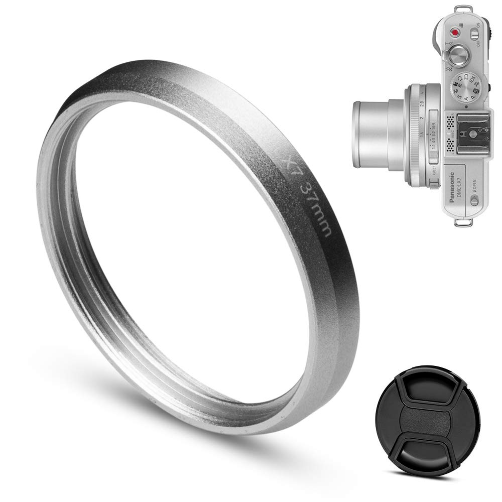 Fotover 37mm Metal Filter Adapter Ring for Panasonic Lumix DMC LX7 Camera with Centre Pinch Lens Cap,Silver