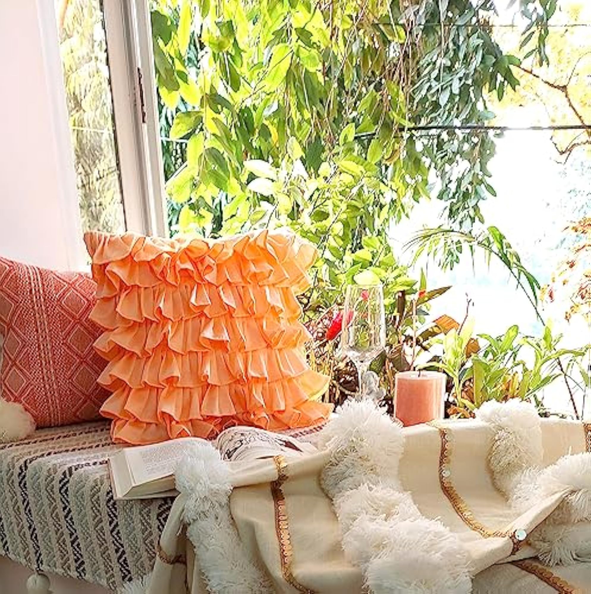 Peach Ruffled Cushion Cover, Soft Cotton Decorative Pillowcase