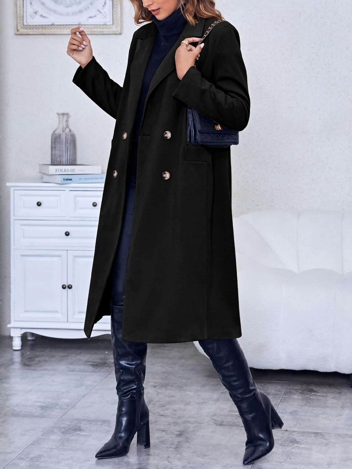 Saodimallsu Womens Winter Double Breasted Pea Coats Long Trench Coat Casual Work Office Overcoat with Pocket - Image 4