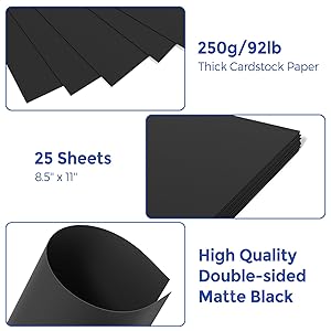 25 Sheets Black Cardstock 8.5 x 11, 92lb/250gsm Card Stock Printer Paper, Thick Cardstock Cover Stock for Invitations, Printing, Invitations, Cards