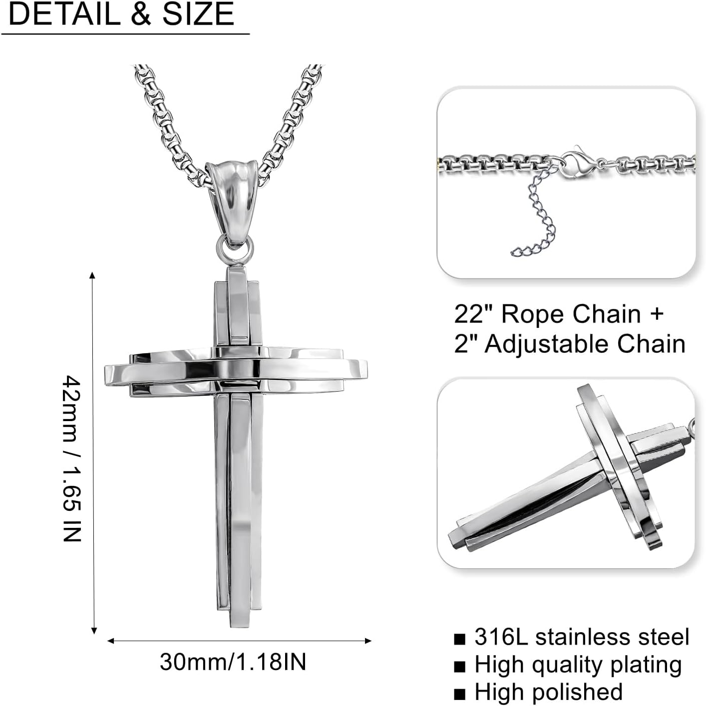 Men's Stainless Steel Large Jesus Christ Cross Pendant Necklace With Byzantine Chain 22 24 26 inch,Black/Gold/Silver - Image 5