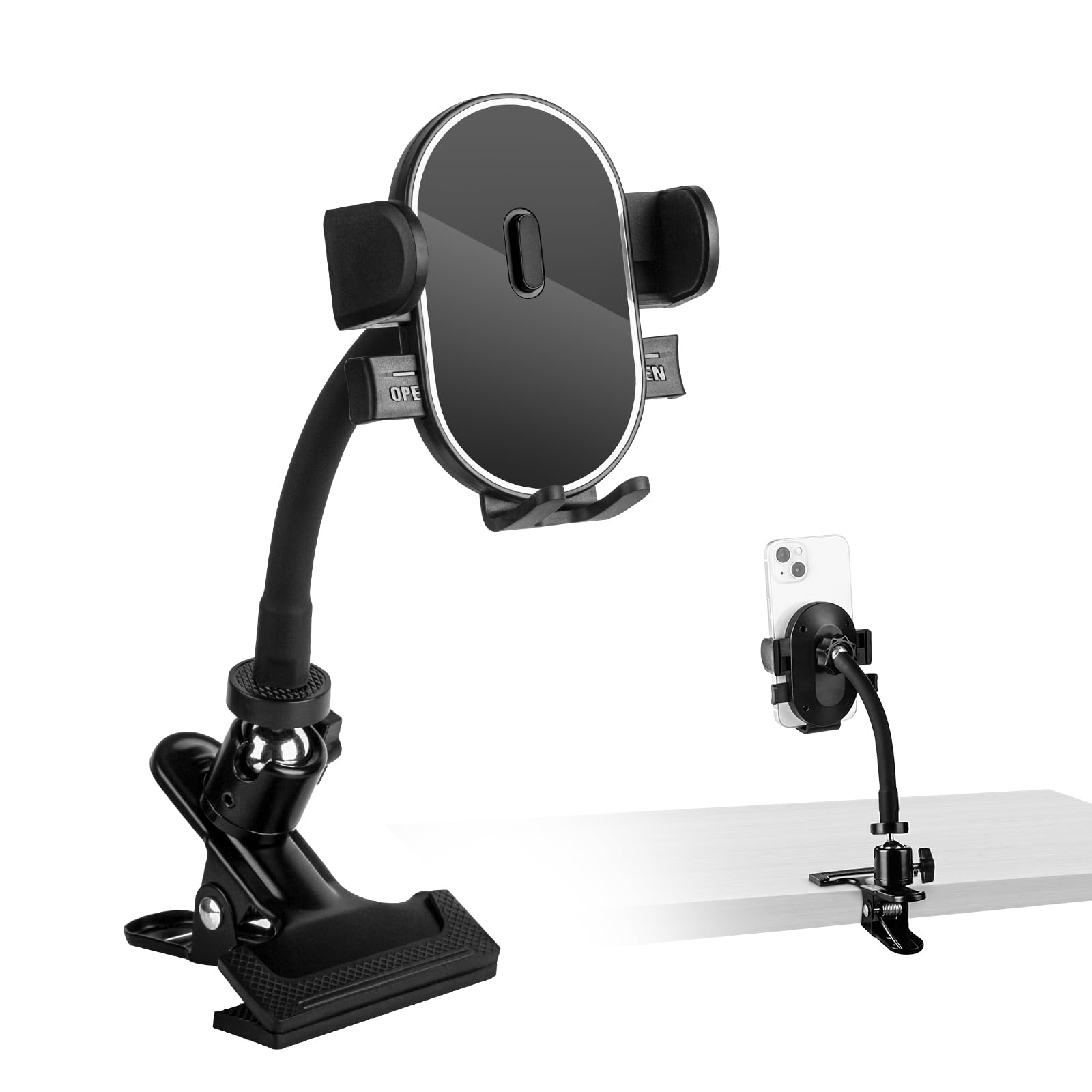 ROCKFREE Clip Phone Holder,Auto-Locking Clamp,360° Rotating Base,5.9" Arm