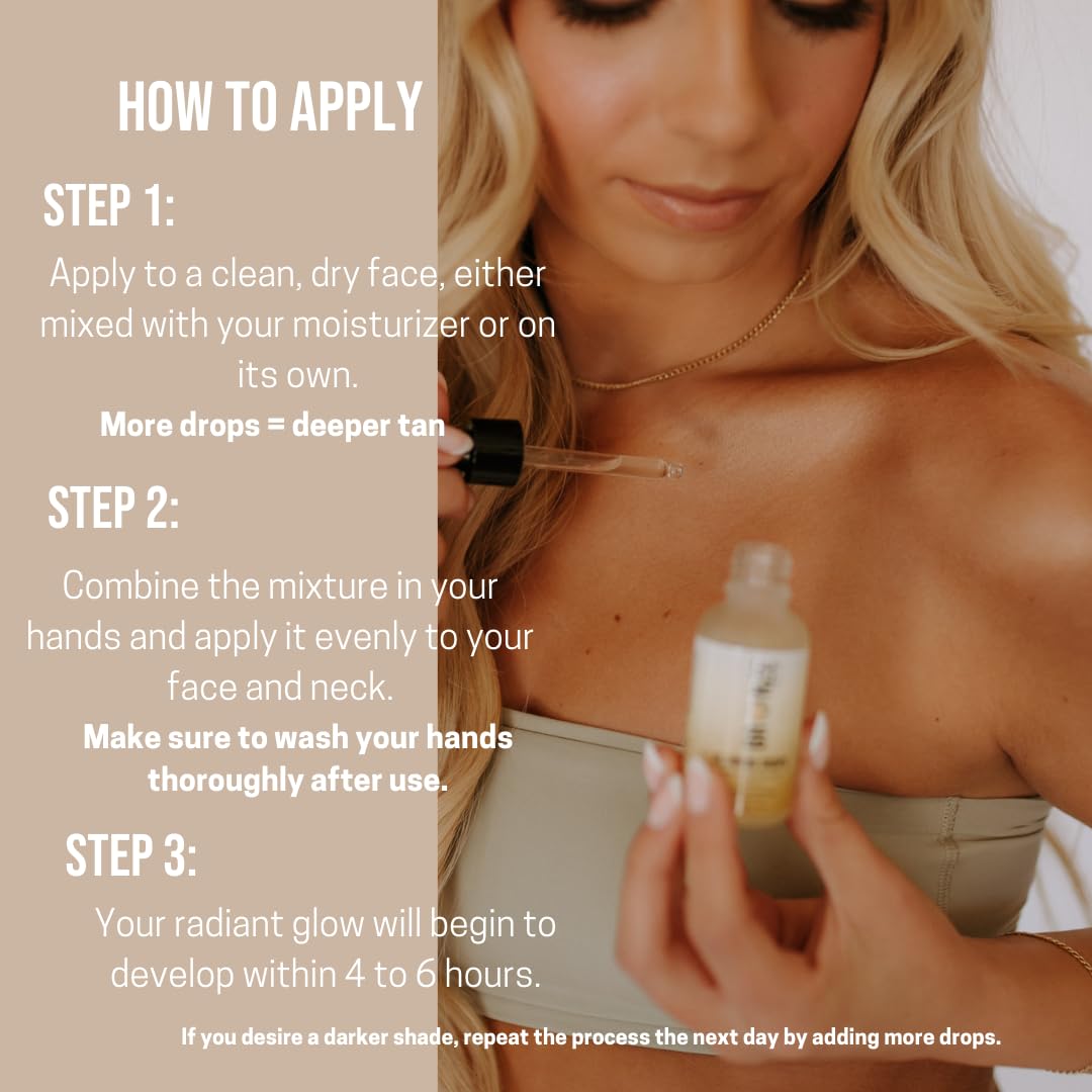 Glowing Tan Drops – Mix-in Self Tanner with Vitamins B & E & Hyaluronic Acid | Vegan Friendly, Brightening & Nourishing | Quick Dry, Natural Sunless Glow for Face & Body - Image 4