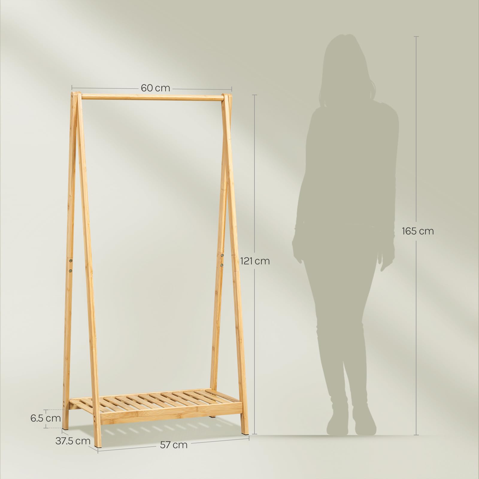 WOLTU Porte-Manteau en Bambou, Portant à Vêtements sur Pied avec Étagère Inférieure, Penderie Ouverte avec Barre de Suspension, pour Entrée, Chambre, 60x37,5x121 cm