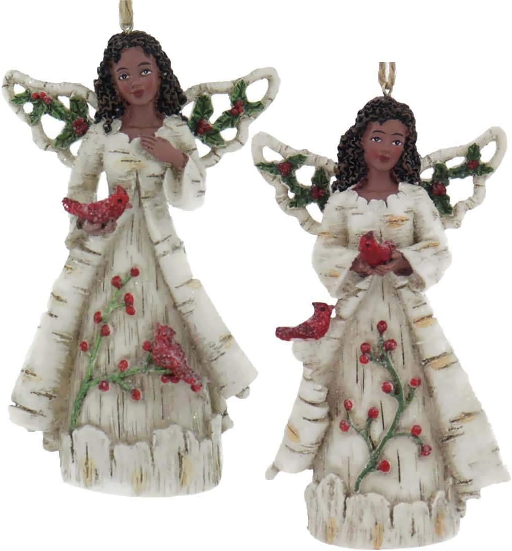Kurt Adler Set of 2 African American Birch Angel Ornament Figurines 5"