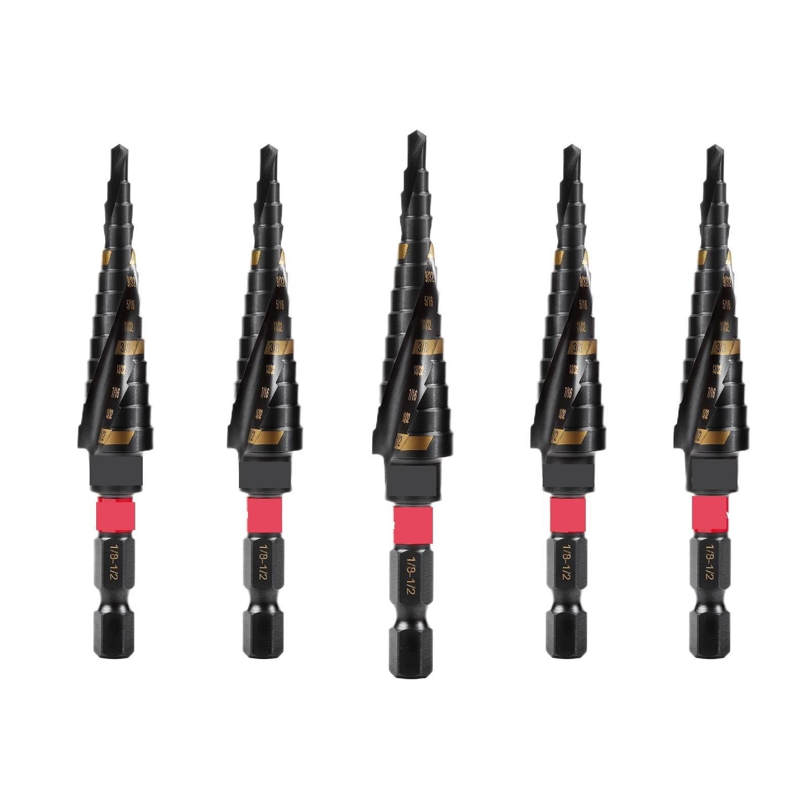 Punta A Scalare Set Di Punte for Trapano A Gradini In Titanio Da 1/8"-1/2" | Scanalatura a spirale Rimozione rapida dei trucioli e gambo a sgancio rapido for metallo, legno, plastica(5PCS)