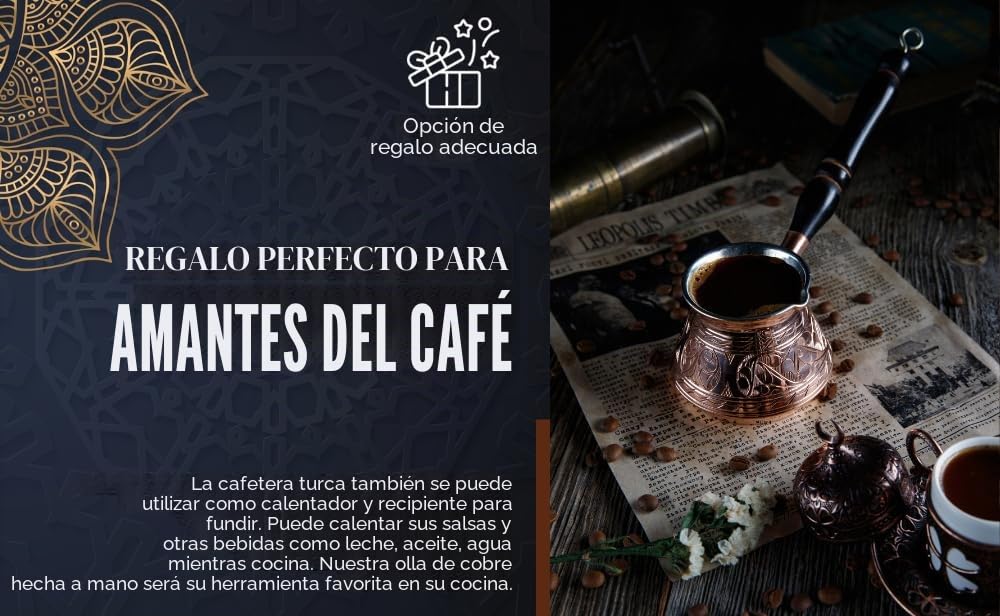 DEMMEX Cafetera Turca, Griega y Árabe de Cobre Más Grueso, Cafetera para Estufa, Cezve Ibrik Briki con Mango de Madera y Cuchara, (Grabada a Mano (270 ml))