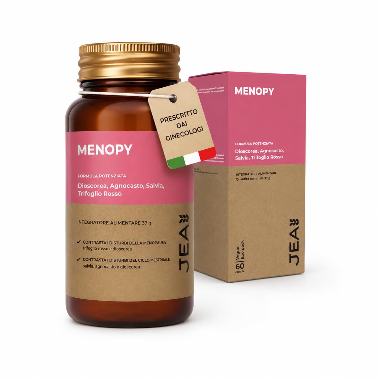 JEA Menopy Integratore Menopausa e Perimenopausa Donna 60 Capsule, Supporto Naturale con Dioscorea, Agnocasto, Salvia e Trifoglio Rosso, Equilibrio Ormonale e Benessere Femminile