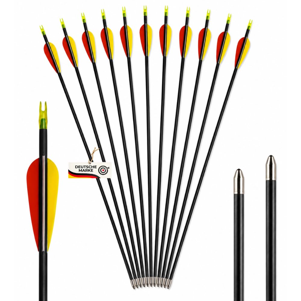 BLACK BOLT Fiberglaspfeile 32 Zoll für Lang- und Recurvebögen bis 30 lbs | 10er Set mit gelb-roter Kunststoffbefiederung, abgerundeter Blechspitze, Kunststoffnocke