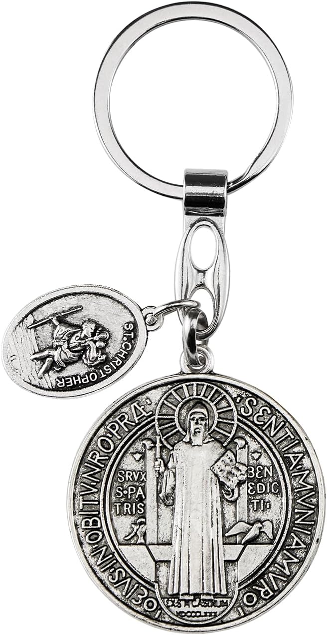 St Benedict Medals With St Christopher Keychain,Saint Benedict With St Christopher Medal For Car,Catholic Religious Keychain,Medalla De San Benito Adornos Llaveros Para Carros De Mujer Hombre, Silver,