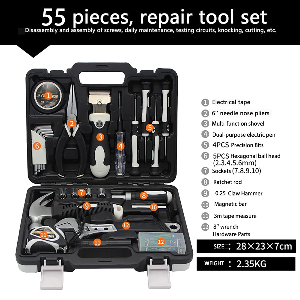 Kit di strumenti 55 in 1 con cassetta degli attrezzi prese chiave inglese Cacciavite martello Bit di precisione Precision Toolkit per la casa Riparazione Manutenzione Set di attrezzi universale