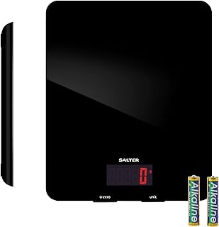 Salter 1150 BKDR Digital Kitchen Scales, Stylish Glass Design, Cooking Scale for Home/Kitchen, Measures Liquids & Fluids, Metric/Imperial, Add & Weigh Function, Red Easy Read Display, Black