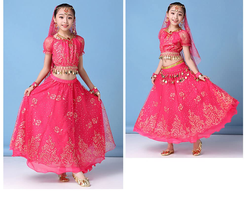 GUOCU Mädchen Tanzfestival Bauchtanz-Kostüm Outfit Indischer Tanz Kostüm Tanzkleidung 8-teiliges Set Chiffon-Prinzessin-Outfit Trainingskleidung Karneval Tanzen Outfit Dancewear