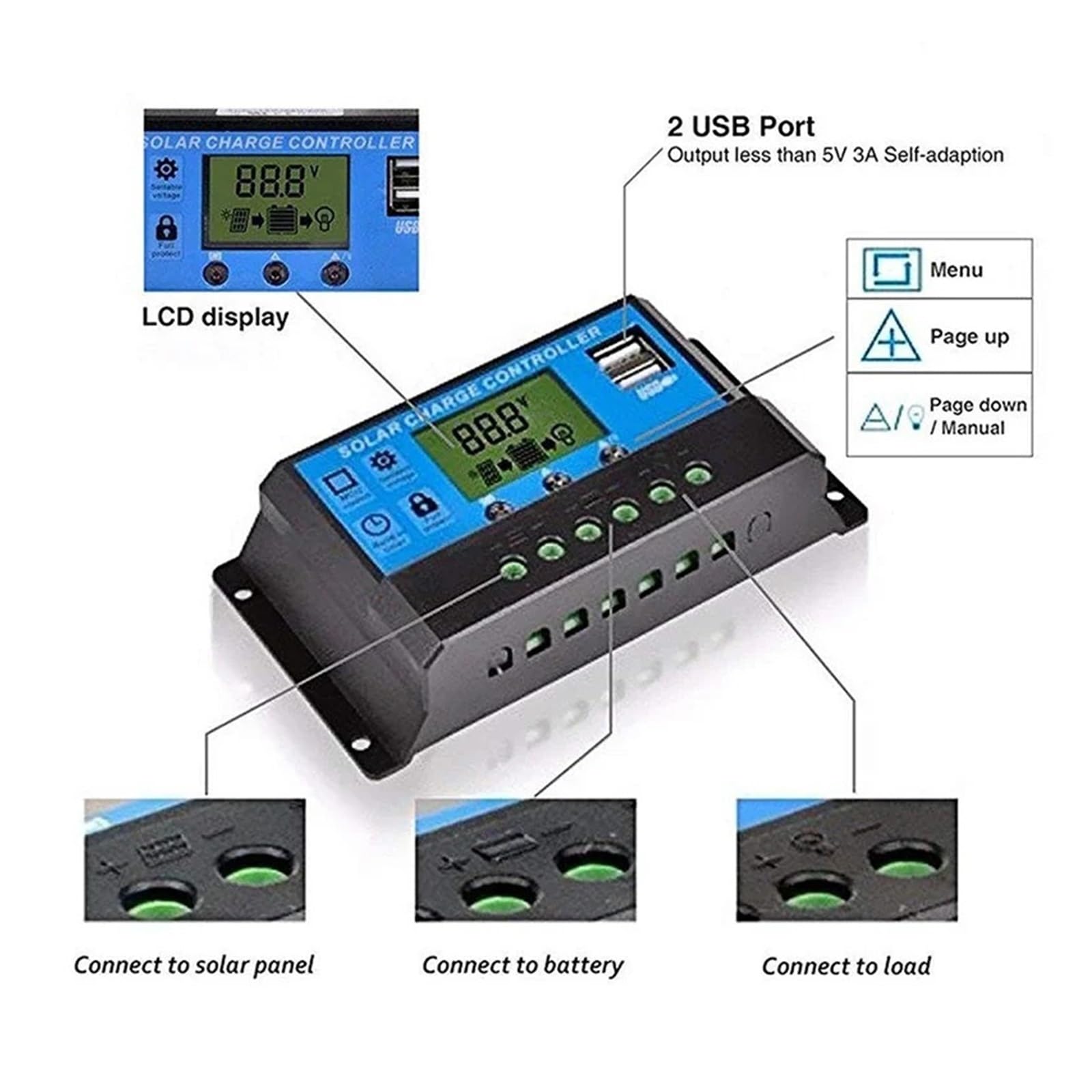 Regolatore di Carica E Scarica Solare Automatico da 12 V E 24 V, Regolatore Solare LCD da 30 A E 10 A con Doppia USB da 5 V(30A)