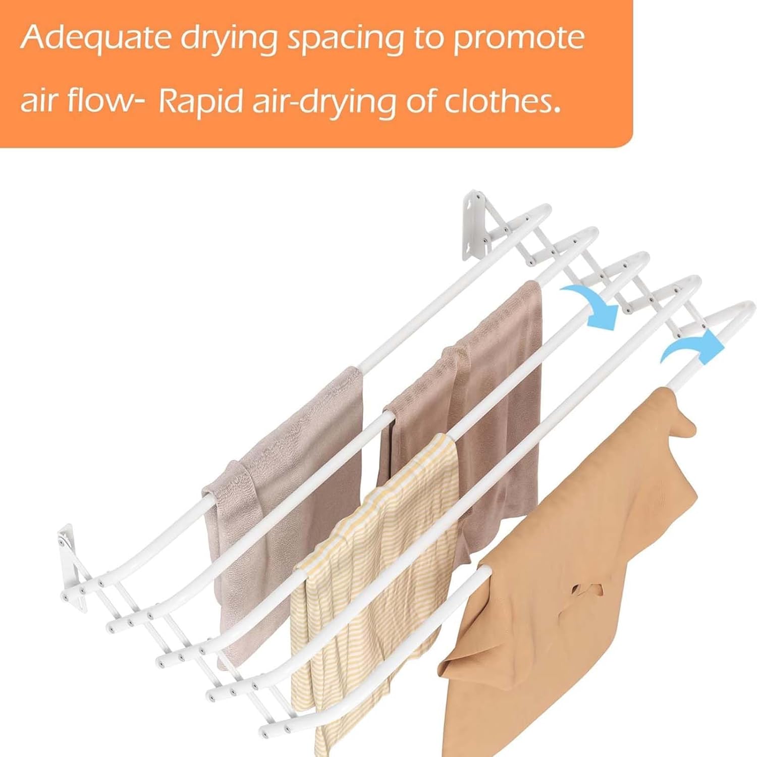 Indoor Outdoor Folding Wall Mounted Extendable Clothes Drying Rack Space-Saver, 5 Bar Great Organization for Laundry Room, Mudroom, Bedroom, Pool Area