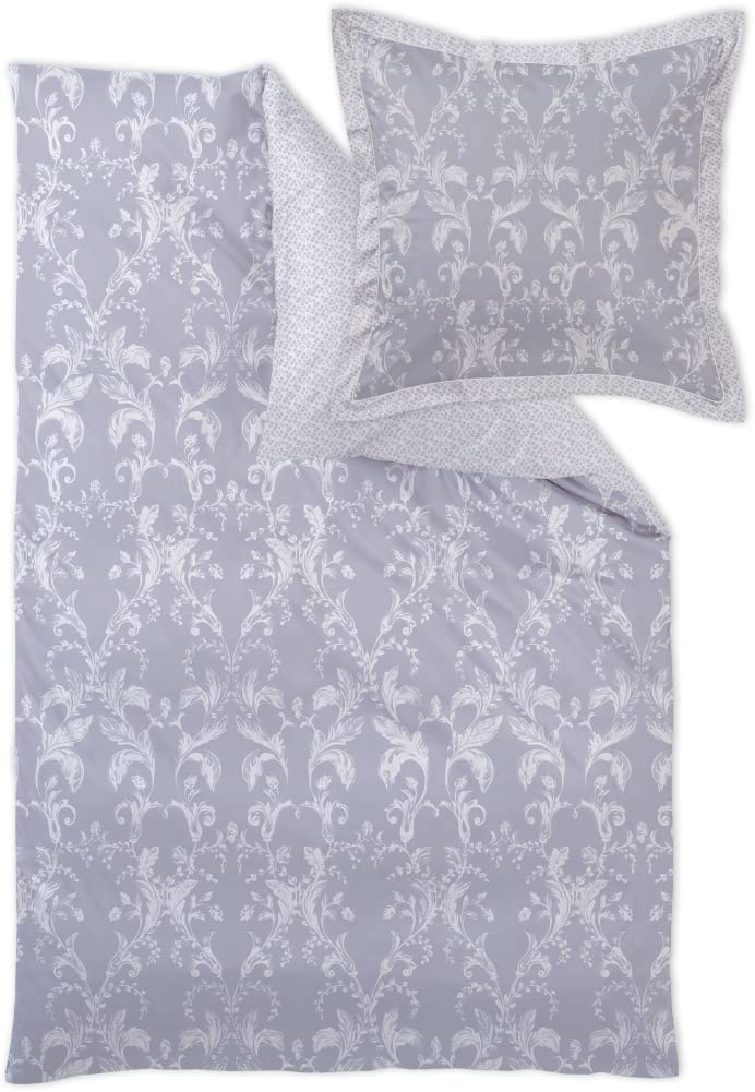 Curt Bauer Mako Brocade Damask Bed Linen Set Design 9017 Gracie Colour French Blue 211 Size 135 x 200 + 40 x 80 cm Heart-Shaped Vine Ornament Shiny Leaves 100% Cotton Zip