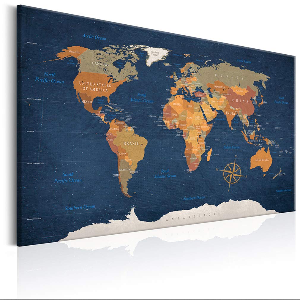 decomonkey Canvas World Map Pin Board with 50 pins - 47.2" x 31.5" / 120x80 cm Fibreboard on a Dark Blue Background Push pin Travel map Wall Art - English Lettering - Traveler's Bedroom Office Gift โ image 1