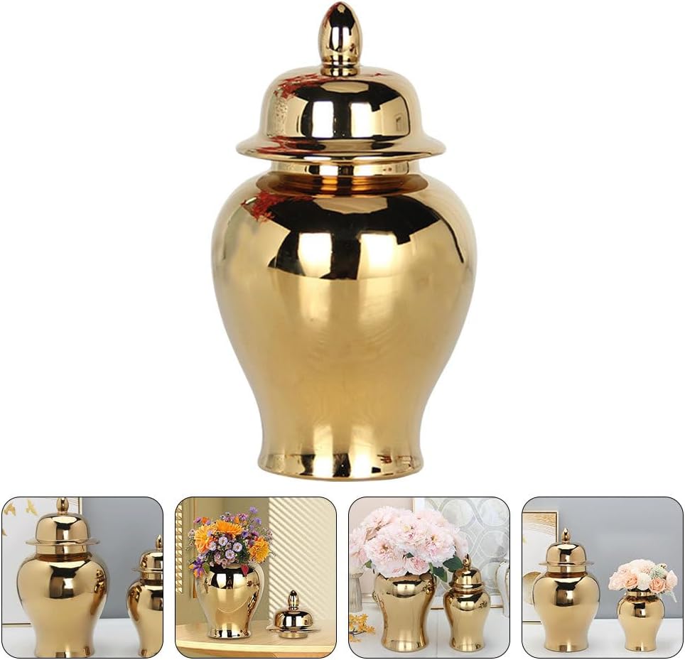 IMIKEYA Ginger Jar, Golden Ginger Jar Handicraft Flower Vase Chinese Style Temple Jar Storage Jar Tea Canister with Lid for Home Office Wedding Decor, 19.50X11.50X11.50CM, C3D52259YO498J4QC6ZZKNPO5