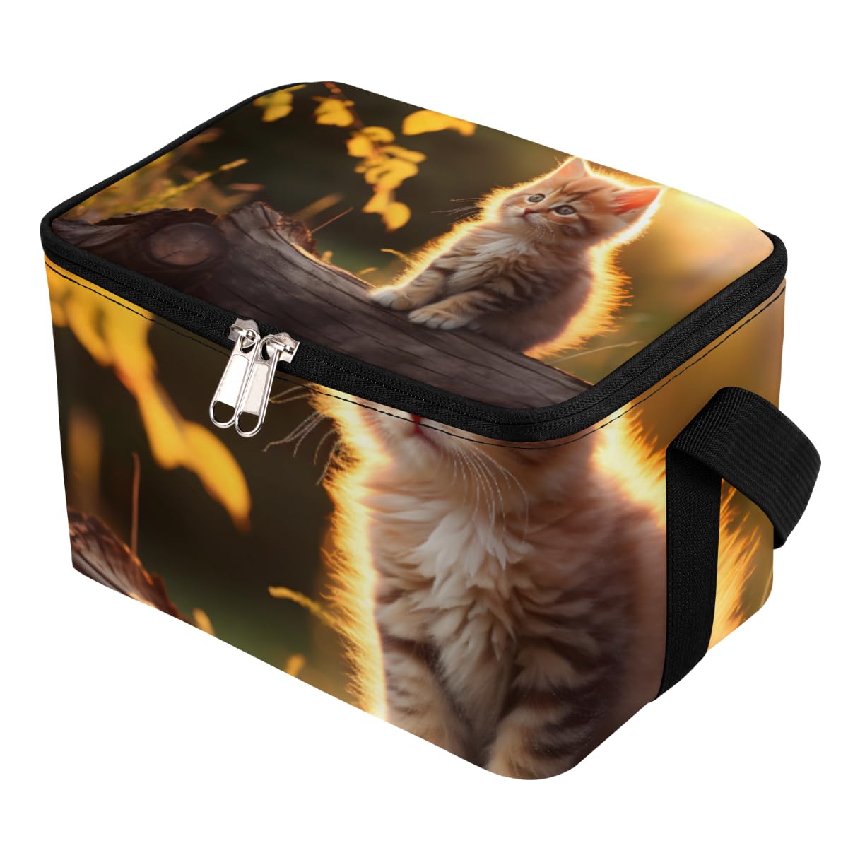 GzLeyigou Lunch Bags for Women Men 9 Cans,Kitten Hot & Cold Food Delivery Bag Insulated Grocery Bag Insulated Lunch Box Cat on Wooden Cooler Bag for Office Work Picnic Beach