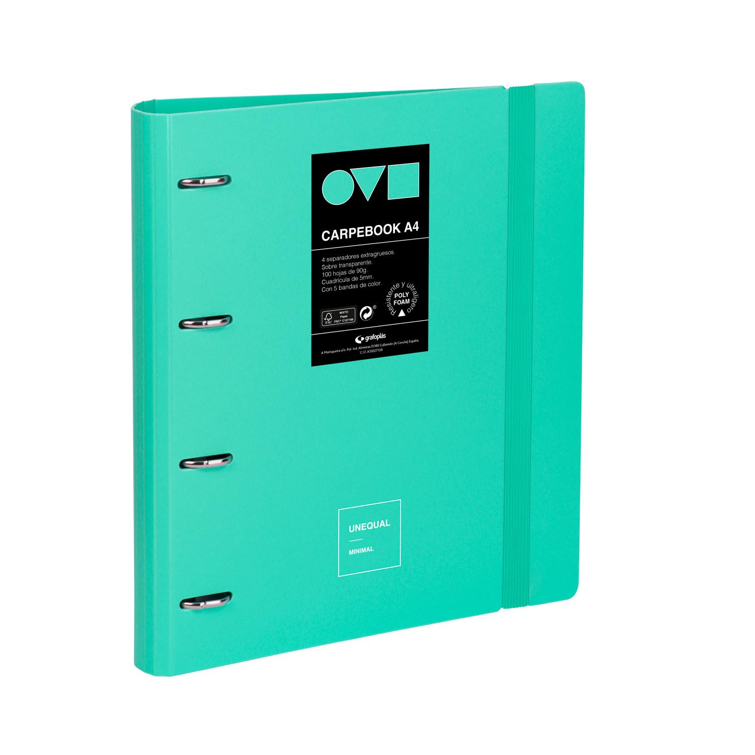 Grafoplas | 4 Ring Binder A4 | Carpebook Polyfoam | Durable and Ultra-Lightweight | Unequal Minimal Mint | Includes Refill, Dividers and Envelope | Perfect for Organizing School Subjects