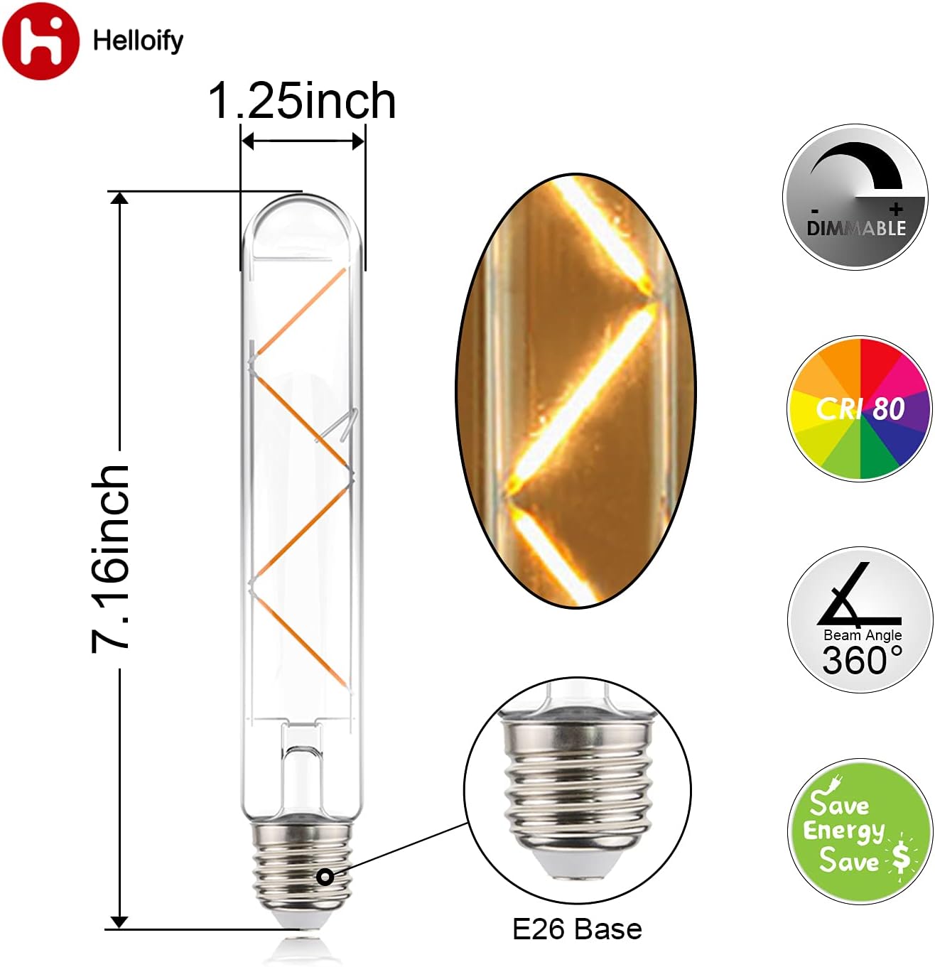T10 Dimmable Vintage LED Edison Tubular Bulb, 40W Equivalent, High Brightness, 2700K Warm White Light, Clear Glass, Tube Cover Light, E26 Screw Base, 4PCS