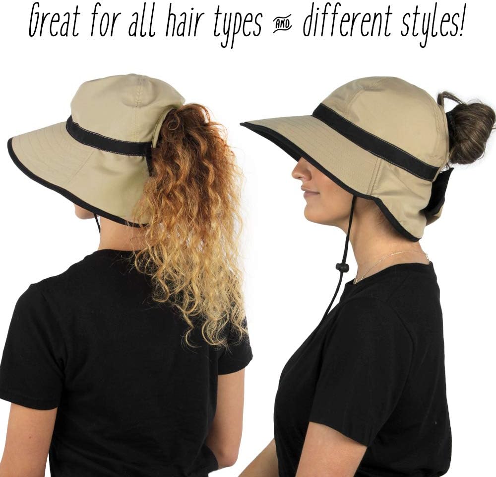 Ponyflo Outdoor Sunblocker Bucket Hat, Patented Women’s Ponytail Sun Hat with Full Back Opening, Drawstring UPF Sun Cap