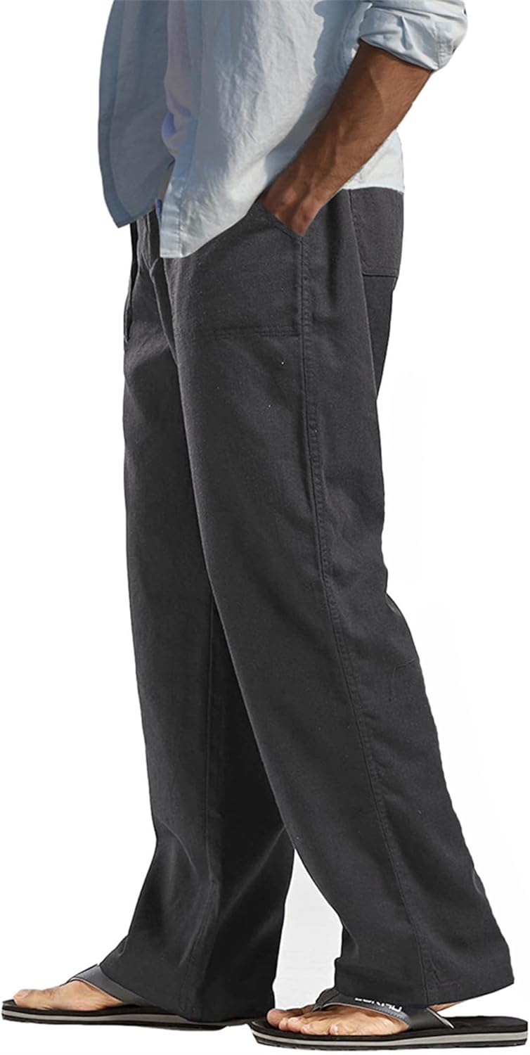 perdontoo Mens Casual Cotton Linen Pants Elastic Waist Drawstring Straight Summer Beach Pants - Image 2
