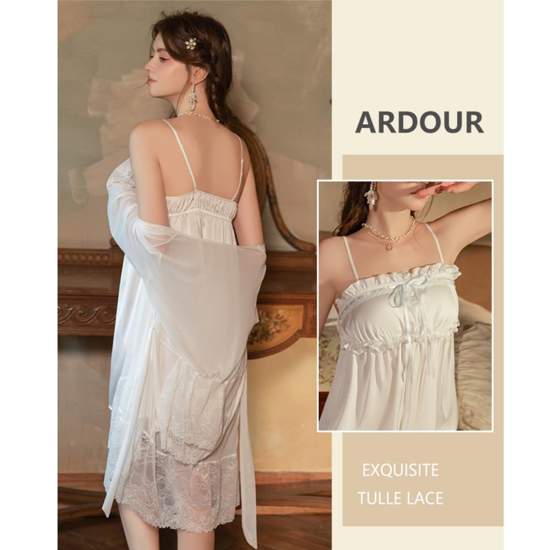 Kimono Sexy Conjunto De Vestido Lencero/Bata De Encaje con Lazo Plisado De Seda Helada