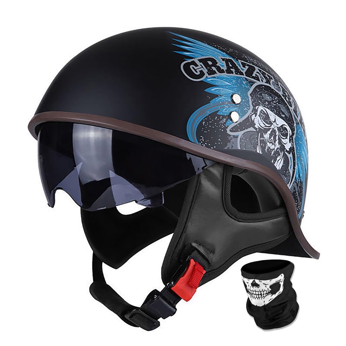 Wintage kask motocyklowy półotwarty, certyfikat ECE, kask z wbudowaną osłoną i szalikiem czaszkowym, szybkie zwalnianie, dla mężczyzn i kobiet, do skutera i motoroweru