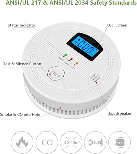 Miniatura 2 de Detector de humo y monóxido de carbono, detectores de humo y detector de humo inteligente con batería para el hogar, viajes o RV, portátil, pantalla