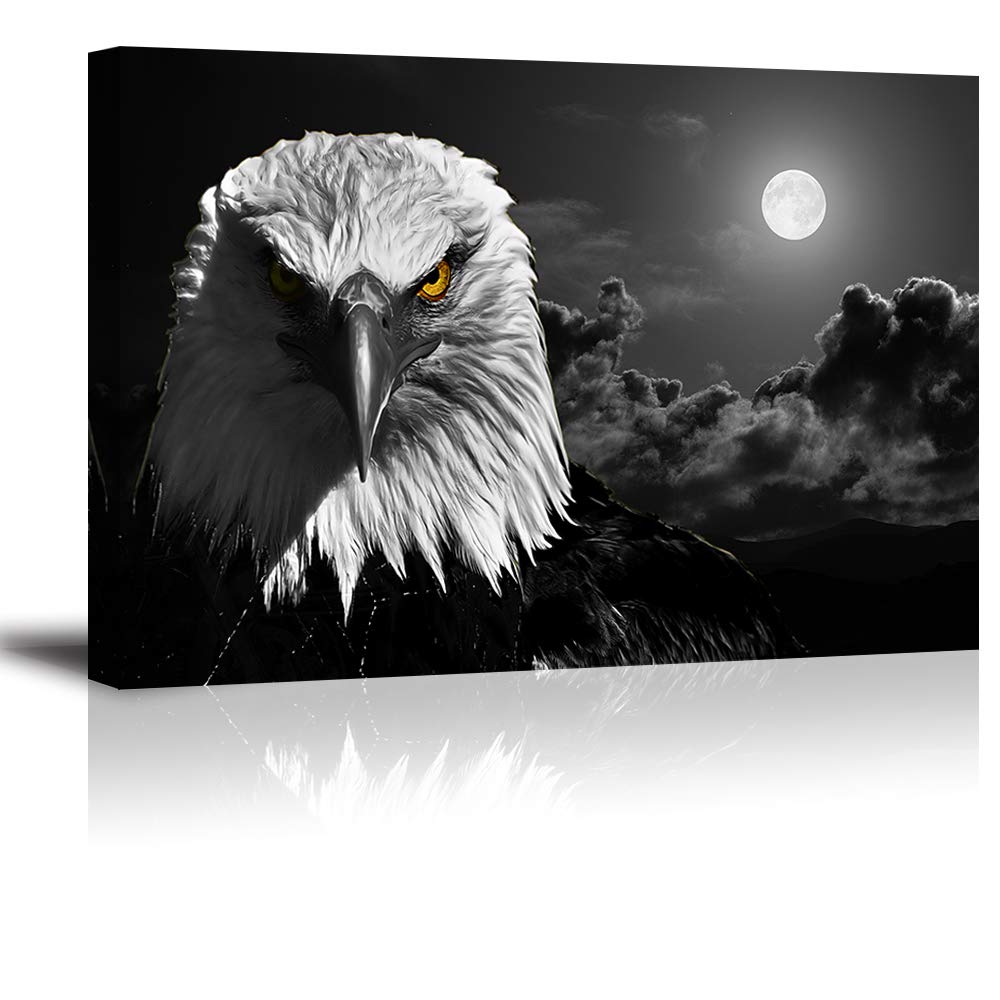 AWEHIRU Canvas Wall Art for Living Room, Fierce Cool Bald Eagle at Moon Night Picture, Awesome Black and White Prints Decor Artwork (Waterproof, Bracket Fixed Ready Hanging, 1" Thick)